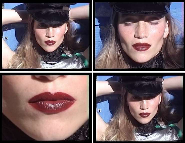 Collage of a fair-skinned woman with dark lipstick wearing a hat, posed outdoors in a silver top, presented in a four-panel grid.
