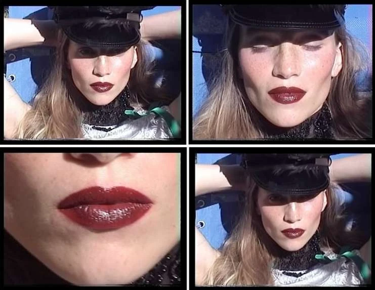 Collage of a fair-skinned woman with dark lipstick wearing a hat, posed outdoors in a silver top, presented in a four-panel grid.