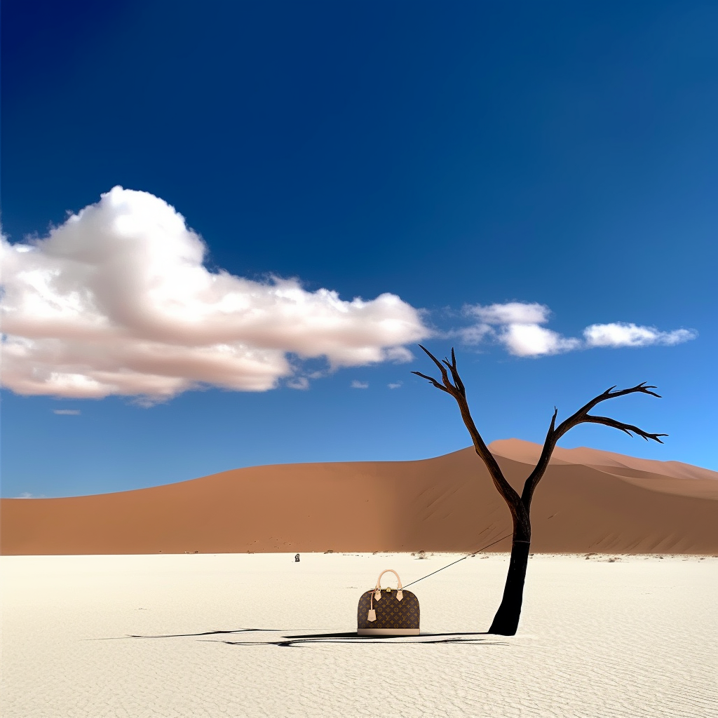 Luxury handbag rests next to a leafless tree in a surreal desert landscape under a bright blue sky with puffy white clouds.