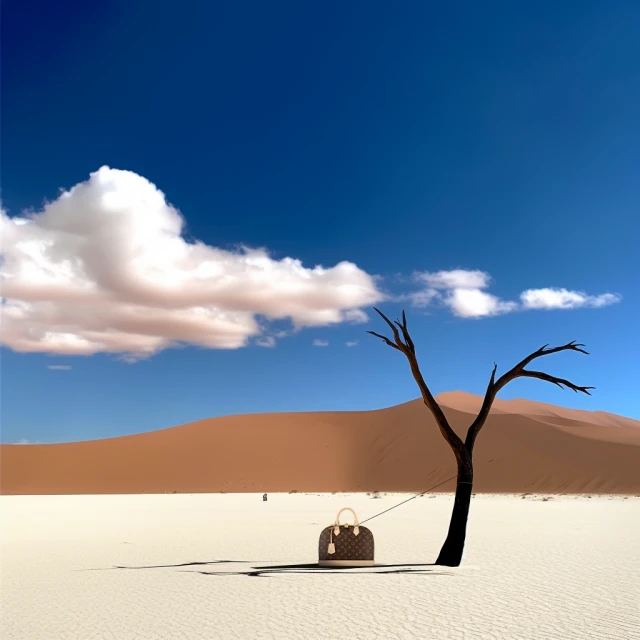 Luxury handbag rests next to a leafless tree in a surreal desert landscape under a bright blue sky with puffy white clouds.