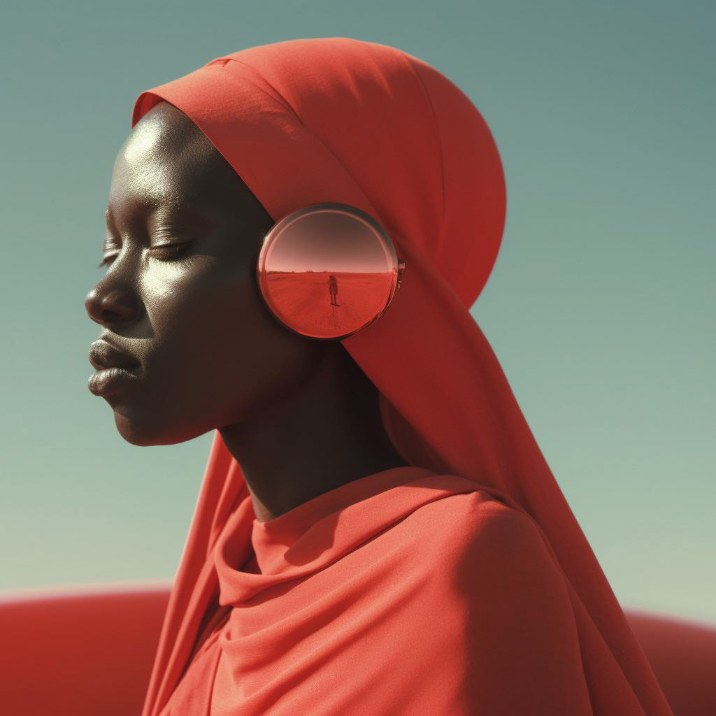 Woman in red headscarf with mirrored earpiece reflecting desert scene against a blue sky, artistic visual with creative headwear.