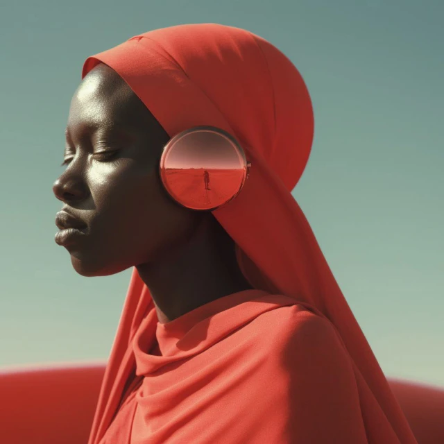 Woman in red headscarf with mirrored earpiece reflecting desert scene against a blue sky, artistic visual with creative headwear.