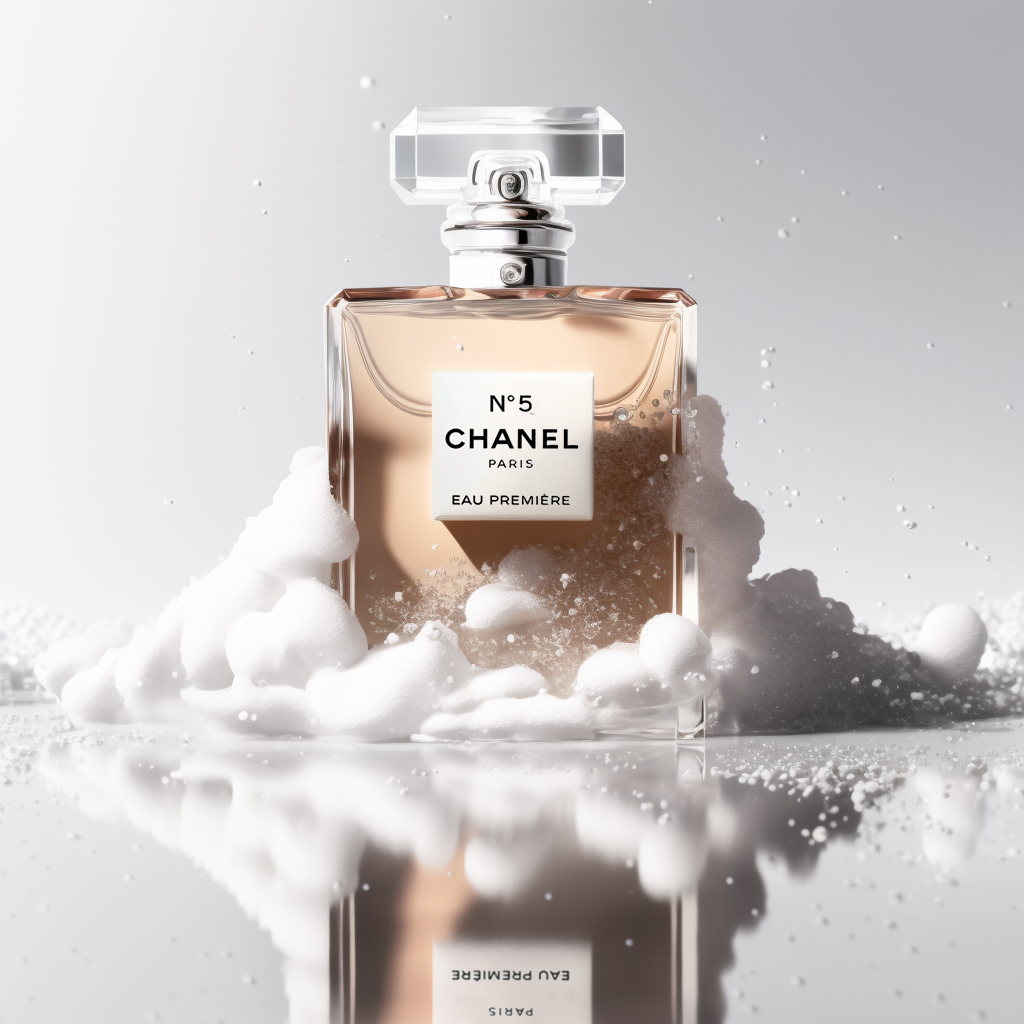 Chanel No. 5 Eau Premiere perfume bottle in a studio setting, surrounded by white foam, presented with high-key lighting.