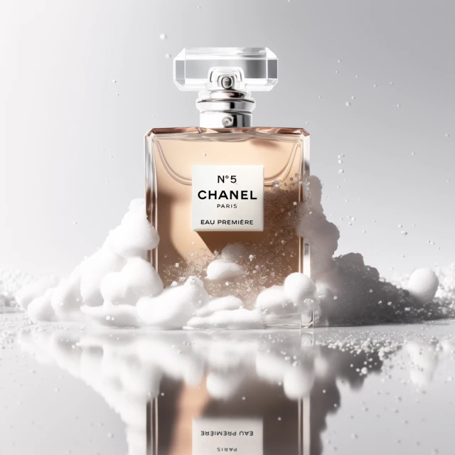 Chanel No. 5 Eau Premiere perfume bottle in a studio setting, surrounded by white foam, presented with high-key lighting.
