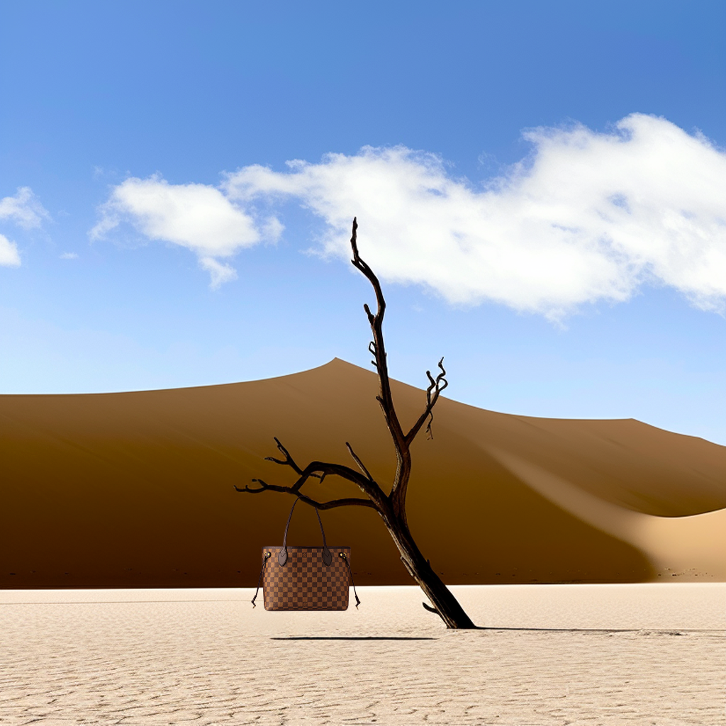 A brown handbag hangs from a bare tree branch in a vast desert landscape with large sand dunes and a clear blue sky with clouds.