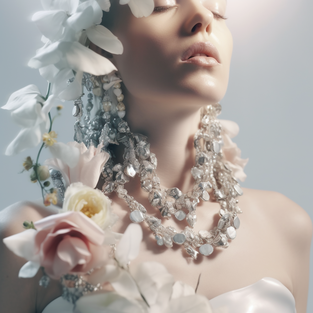 Woman with closed eyes adorned with white flowers and elaborate beaded necklace. Beauty shot with soft focus and muted color palette.