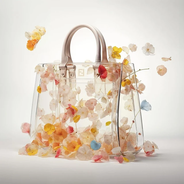 A clear Fendi handbag is displayed, filled with colorful flowers, against a white backdrop in a studio setting, evoking freshness.