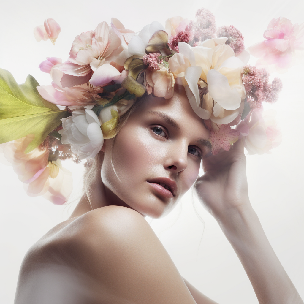 Woman with light skin poses, adorned with a floral headpiece of light pink and white flowers, captured in a soft, diffused lighting.