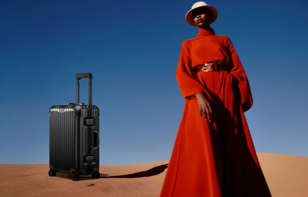 A woman in an orange dress and a straw hat stands on sand next to a black suitcase against a blue sky.