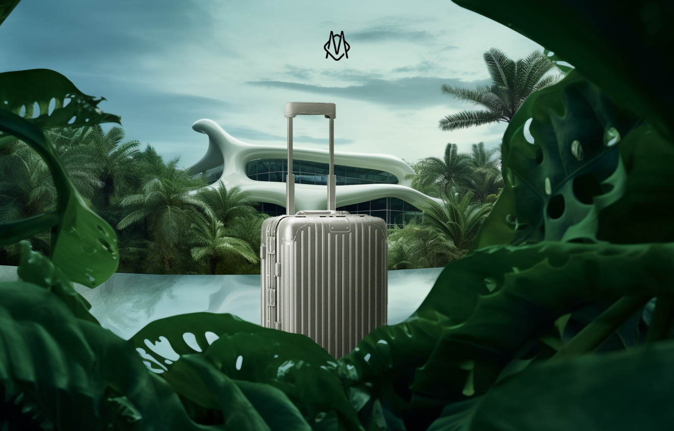Silver suitcase with palm trees and unique building in the background. Travel concept featuring luggage in an exotic destination.