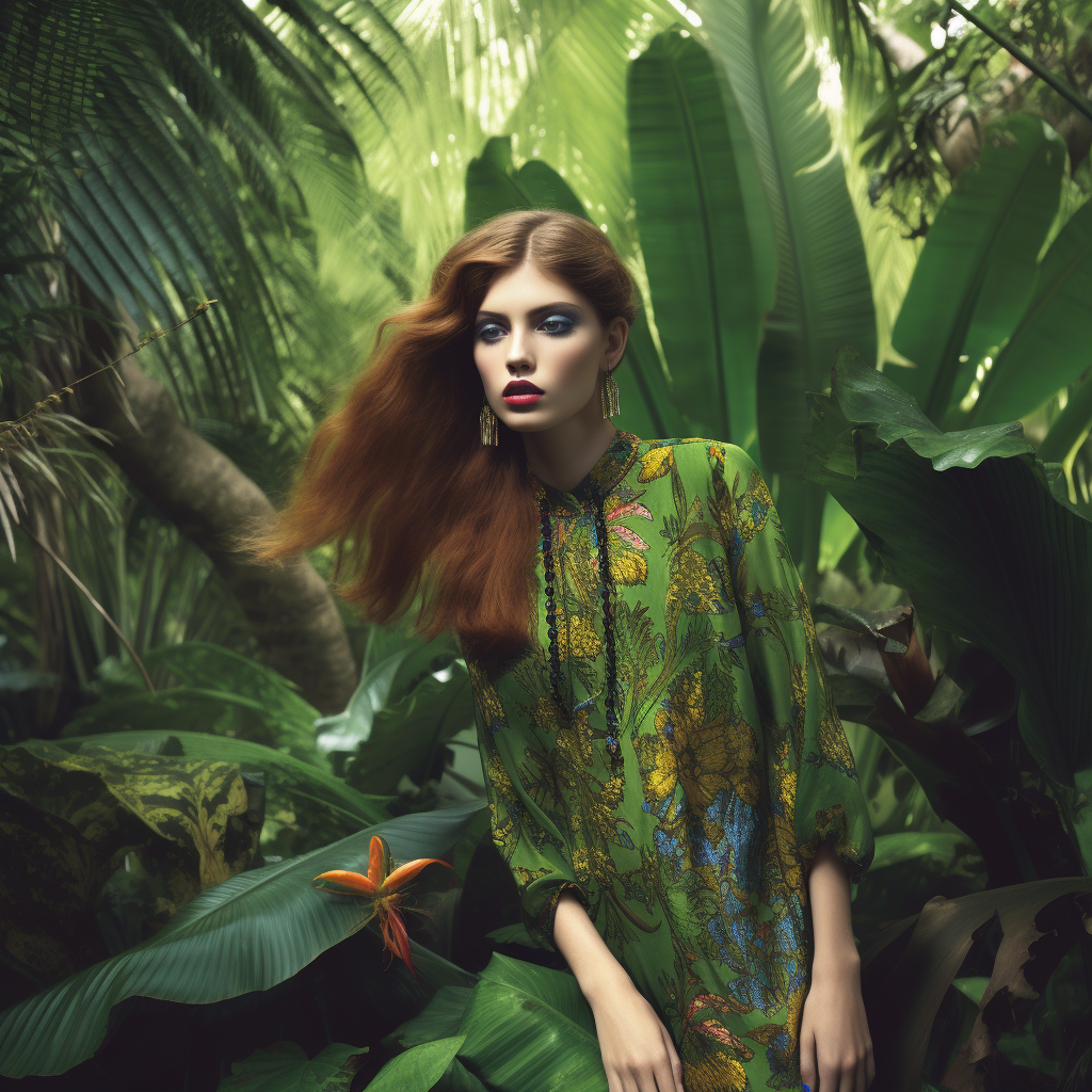 Red-haired woman in a green patterned dress standing in a lush tropical forest setting with large green leaves and an orange flower.
