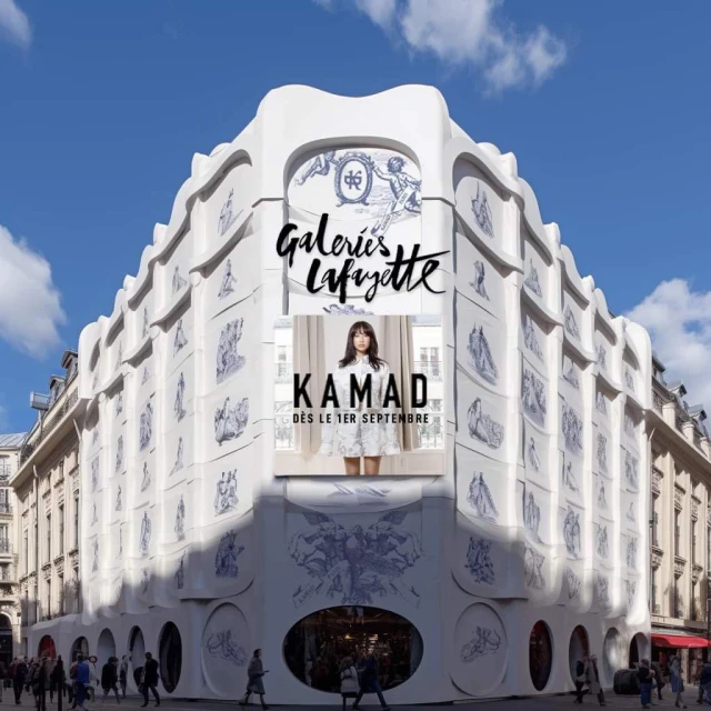 Galeries Lafayette building exterior features fashion advertisement for KAMAD on a sunny day, framed by detailed architectural design.