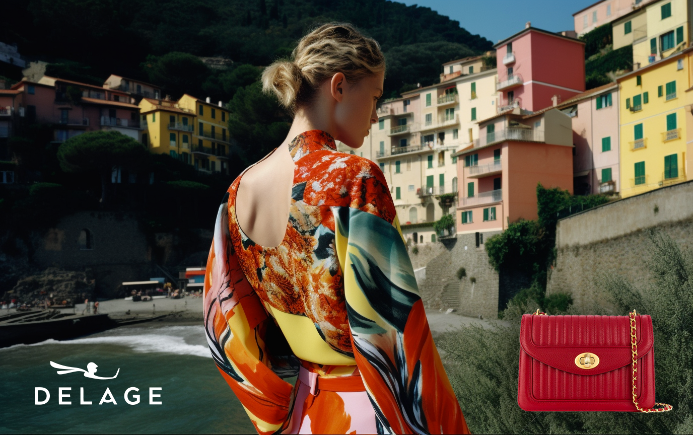 Back view of a woman wearing a patterned kimono with a red purse in front of coastal hillside buildings, styled for fashion editorial.