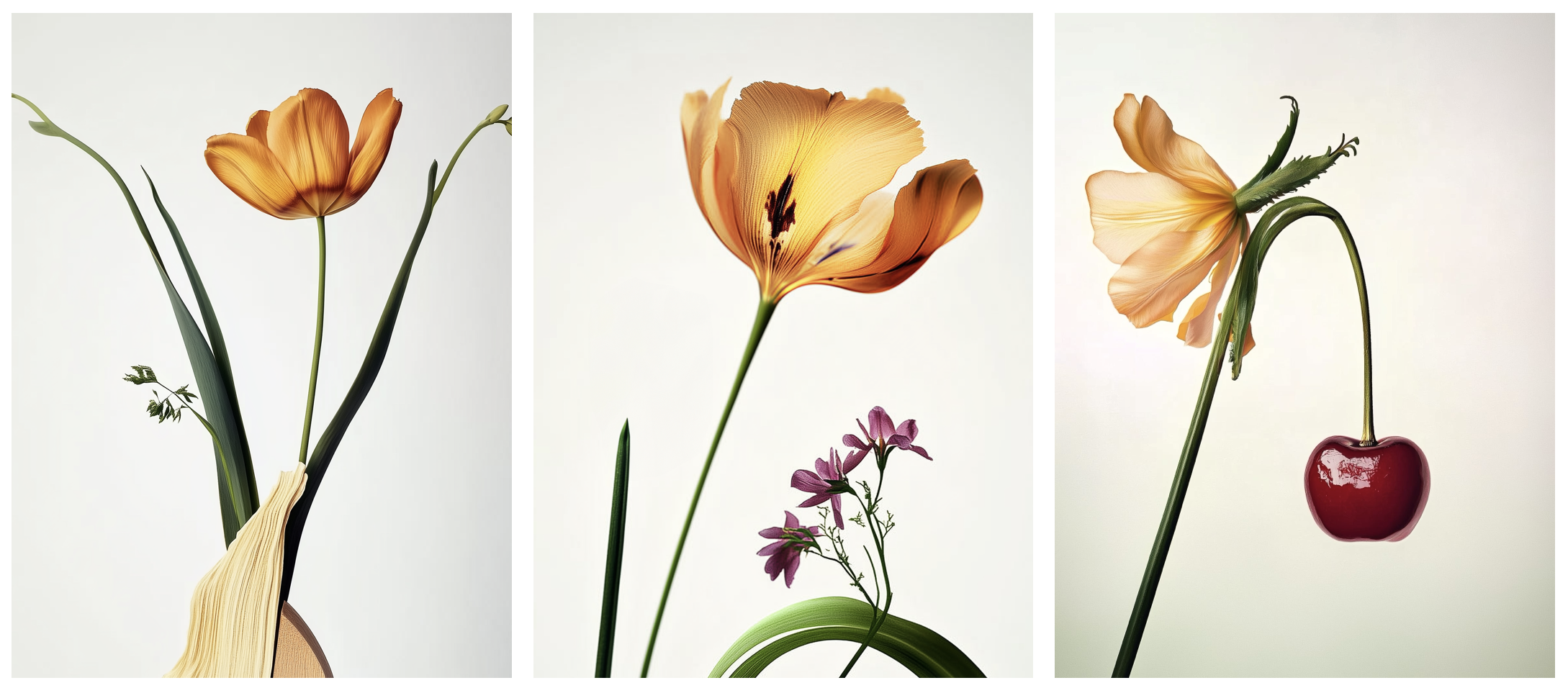 Triptych of translucent orange tulips with slender green stems, one with a single bright red cherry against a soft white background.