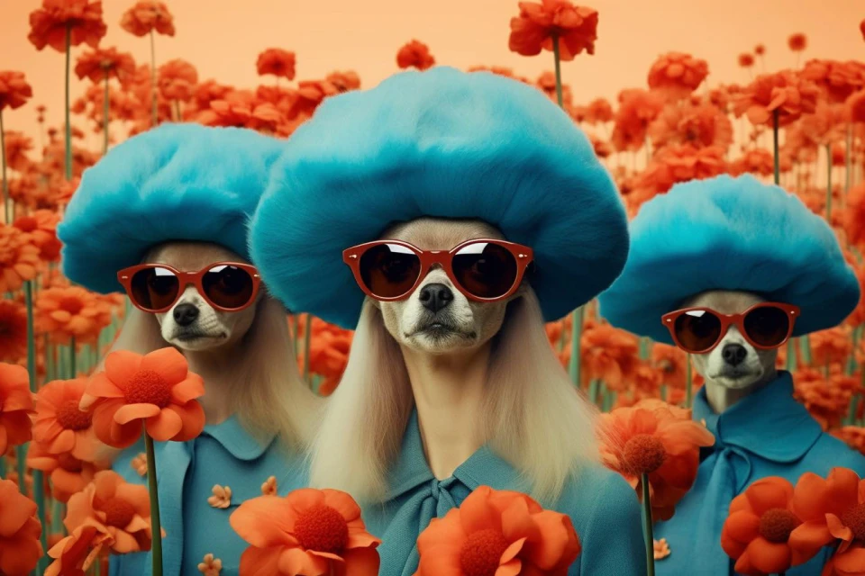 Three dogs are in a field of orange flowers, wearing blue hats and red sunglasses, presenting a whimsical and fashionable scene.