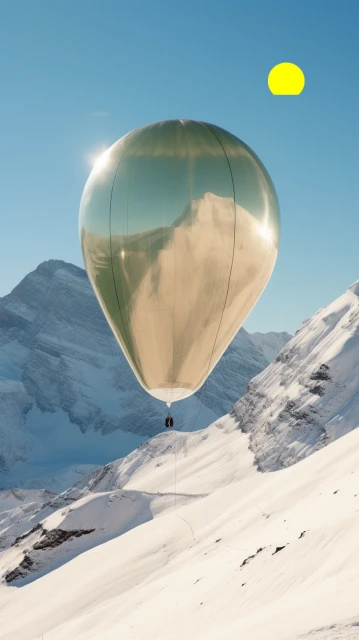 Aerial shot of reflective hot air balloon over snow-covered mountains under blue sky with bright sun in a scenic outdoor setting.
