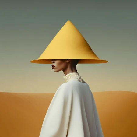 Elegant woman in white cape and yellow cone hat stands in a desert landscape with a soft, muted color palette and surreal composition.