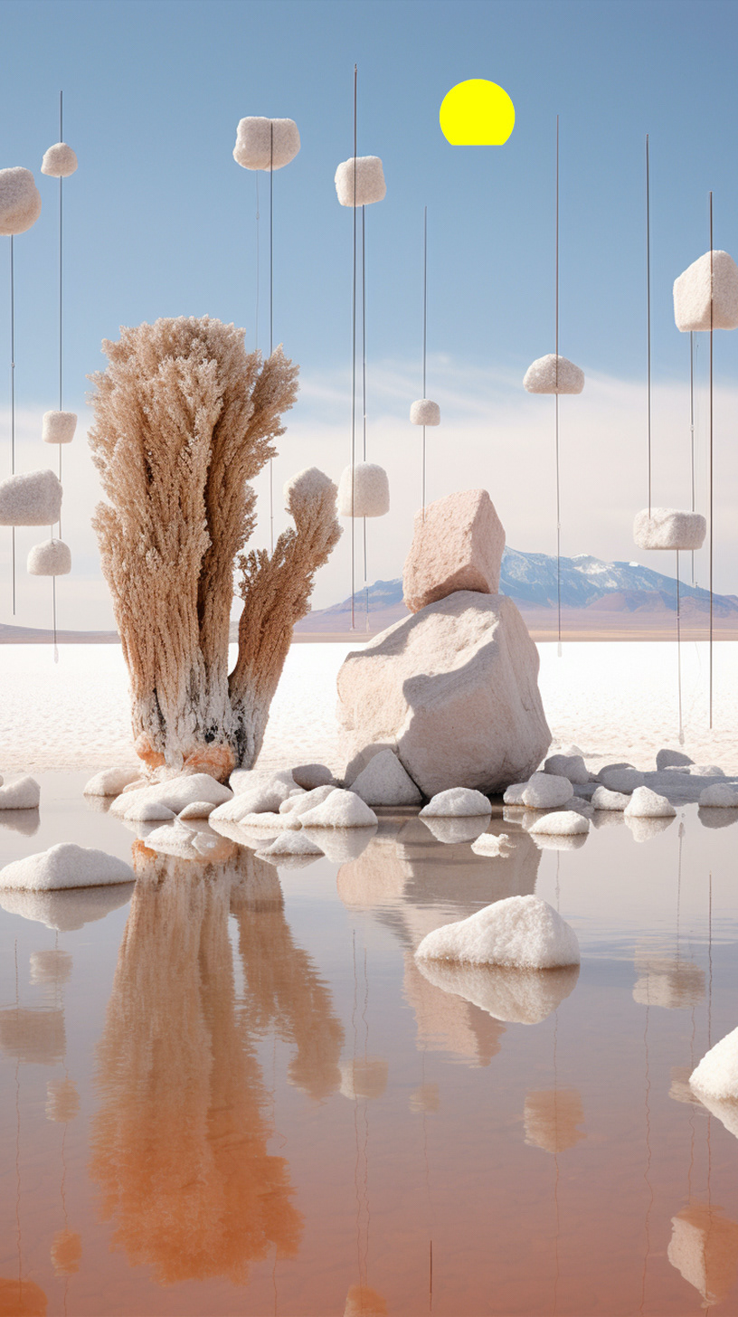 Abstract landscape with a pink lake, rock formations, and a bright yellow sun against a blue sky. A surreal desert scene.
