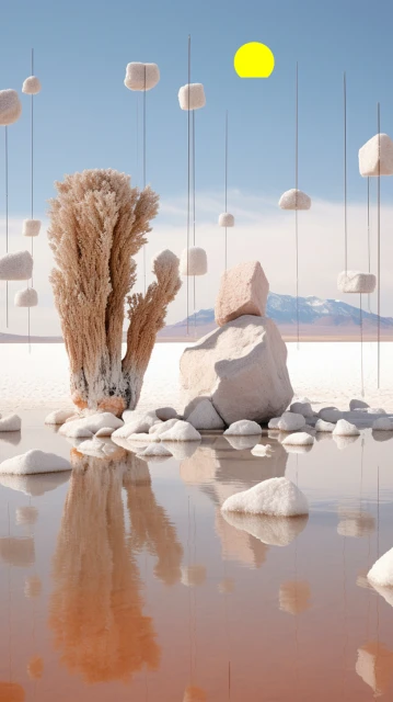 Abstract landscape with a pink lake, rock formations, and a bright yellow sun against a blue sky. A surreal desert scene.