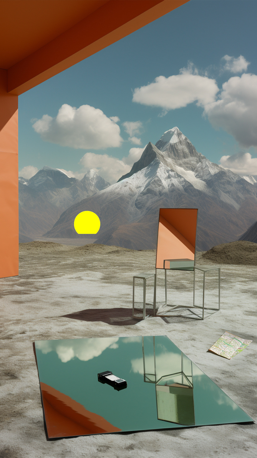 Surreal digital art scene featuring a chair, mirror, cell phone, and map set against a mountain backdrop with a bright yellow sun.