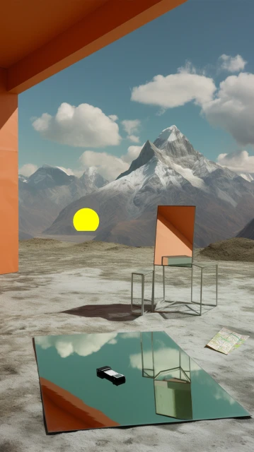 Surreal digital art scene featuring a chair, mirror, cell phone, and map set against a mountain backdrop with a bright yellow sun.