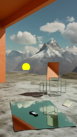 Surreal digital art scene featuring a chair, mirror, cell phone, and map set against a mountain backdrop with a bright yellow sun.