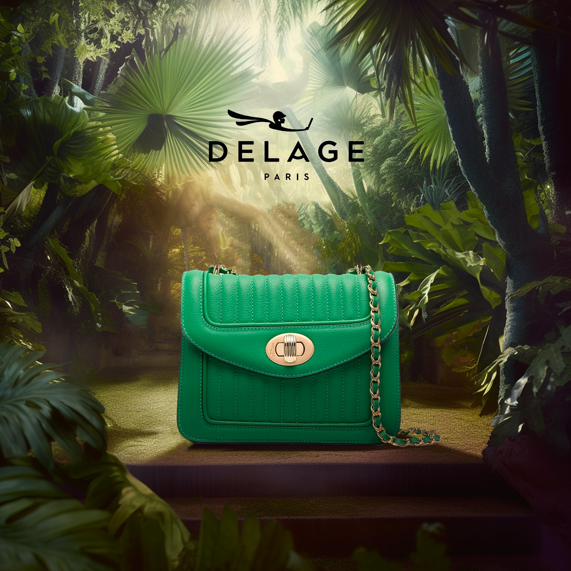 Green Delage Paris purse on a dark brown step with a jungle background featuring bright green leaves and dappled sunlight.