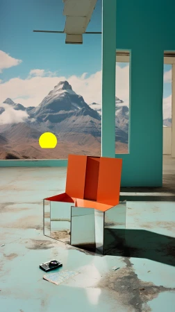 Abstract interior scene featuring an orange mirrored chair, a vintage camera, set against a mountain landscape and a modern teal structure.