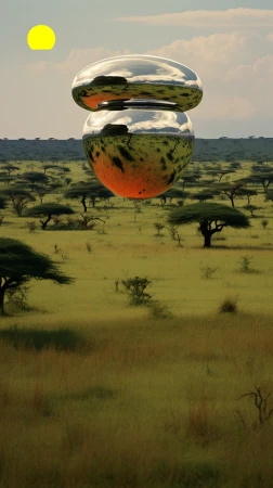 Abstract mirrored orbs floating above a vast grassy plain dotted with scattered trees and a bright yellow sun in the distance.