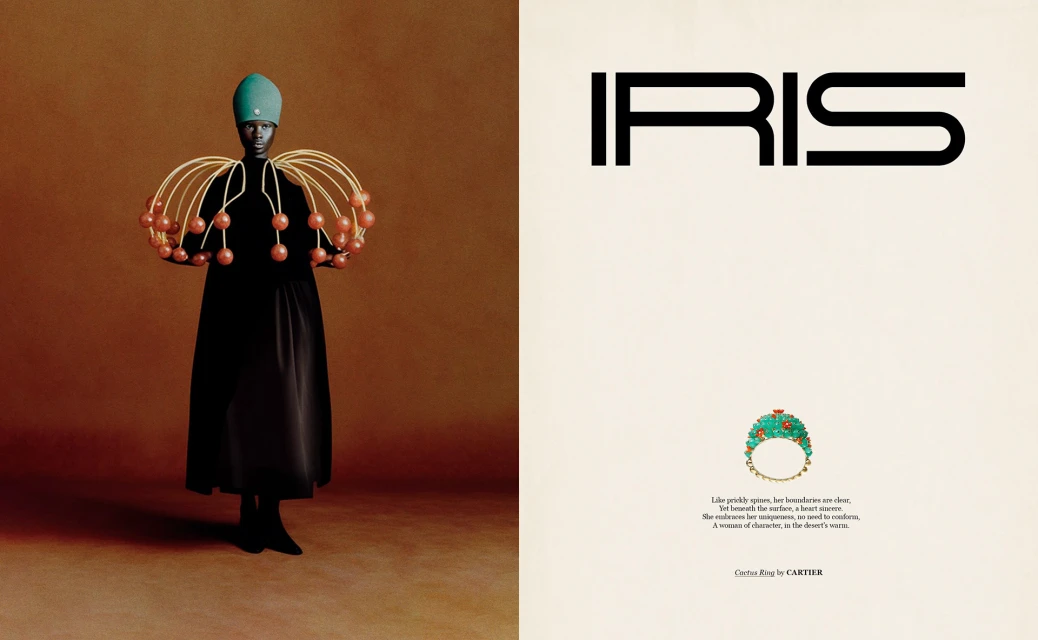 Fashion editorial shot with a Black female model in a dark gown, unique headwear, and spherical arm decoration against a brown background.