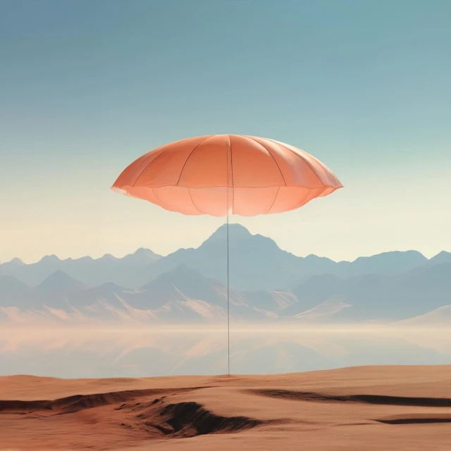 Surreal landscape featuring a single coral-colored umbrella elevated above a desert, mountains, and a clear blue sky.
