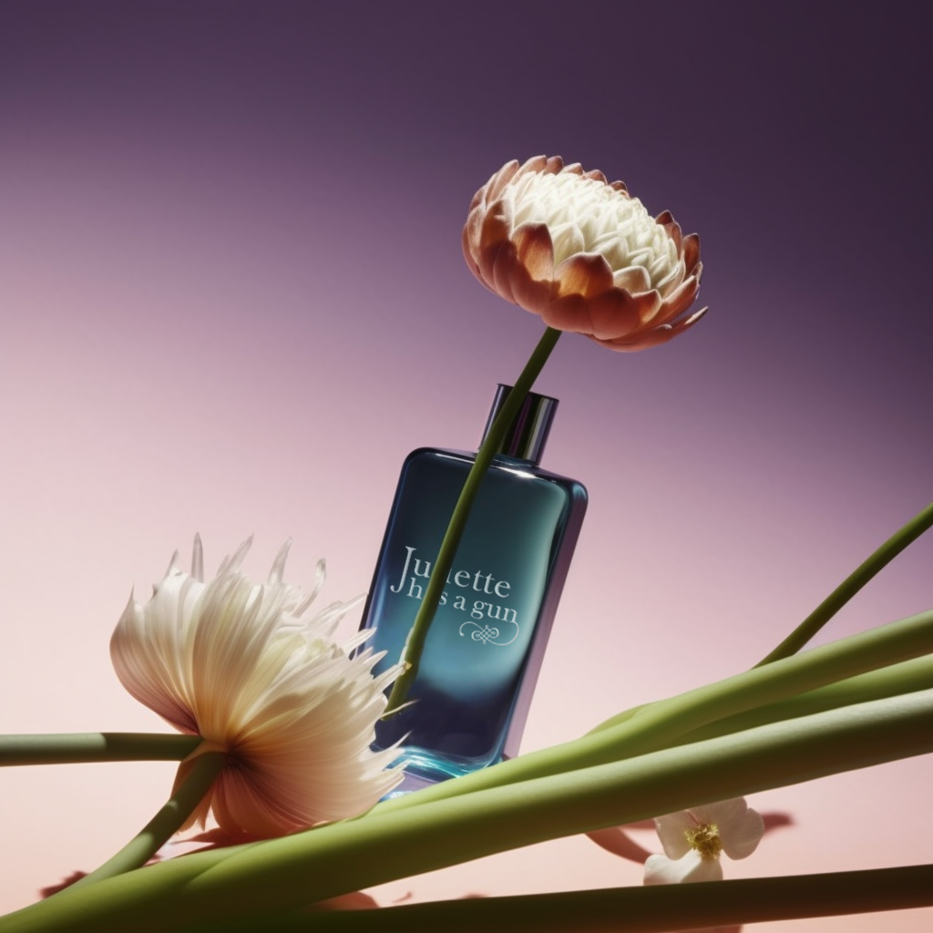 Blue perfume bottle prominently displayed with protea flowers against a soft gradient purple background, beauty and fragrance concept.