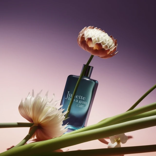 Blue perfume bottle prominently displayed with protea flowers against a soft gradient purple background, beauty and fragrance concept.