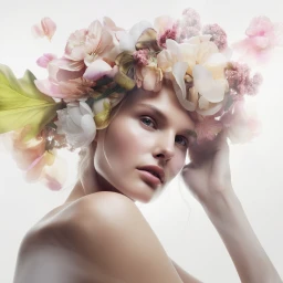 Woman wearing a large floral headpiece with pastel flowers and floating petals against a light background