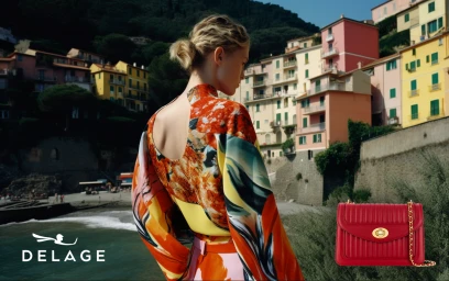 Woman in a colorful floral top standing outdoors with a bright red quilted handbag placed in the foreground.