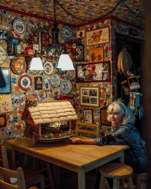 Elderly woman poses at wooden table with craft house model in kitsch, decorated room with patterned wallpaper and hanging plates.