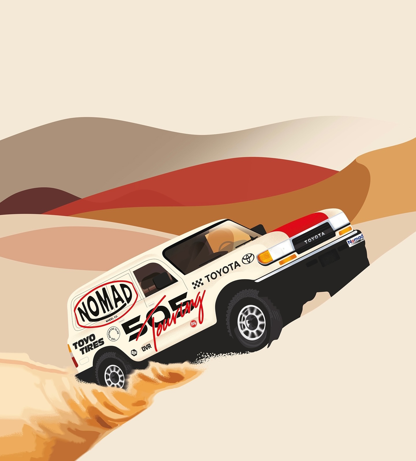 Vector illustration of a white Toyota off-road vehicle driving across sand dunes in a desert landscape with a bright sky.