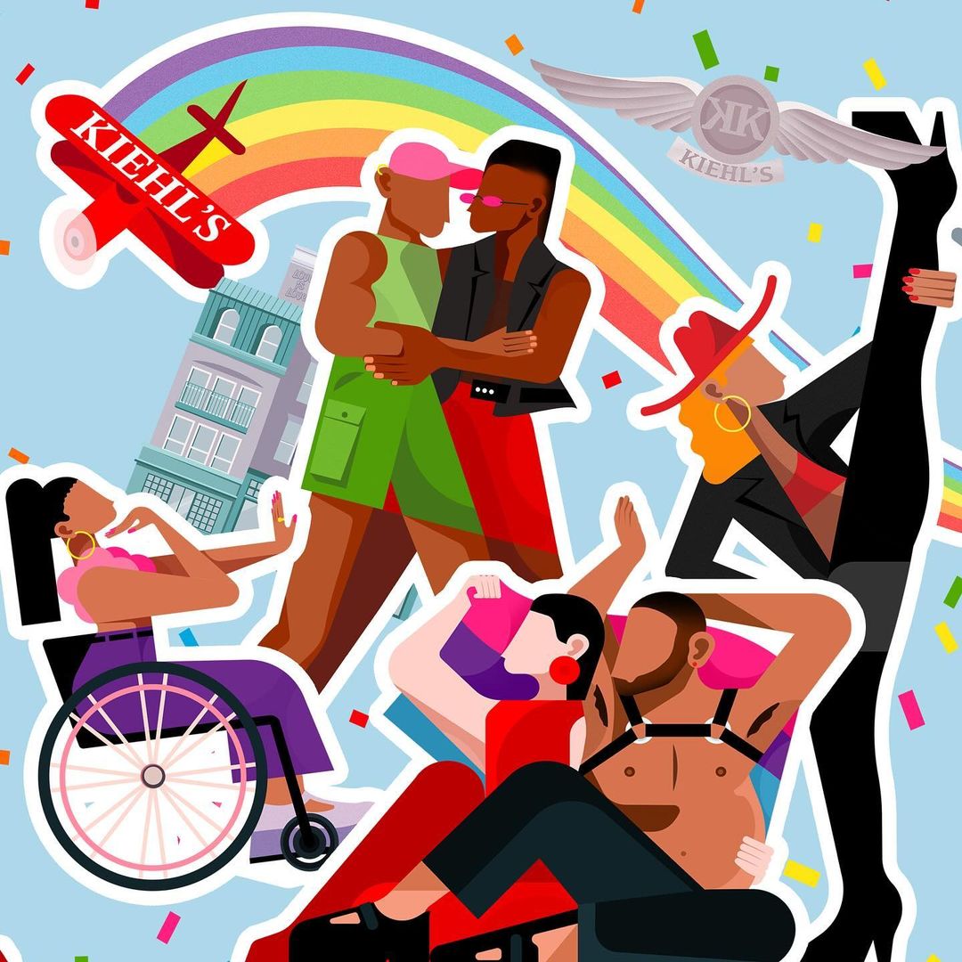 Illustration featuring diverse people, a rainbow, and a Kiehl's-branded airplane, celebrating diversity and inclusion, set against a light blue background.