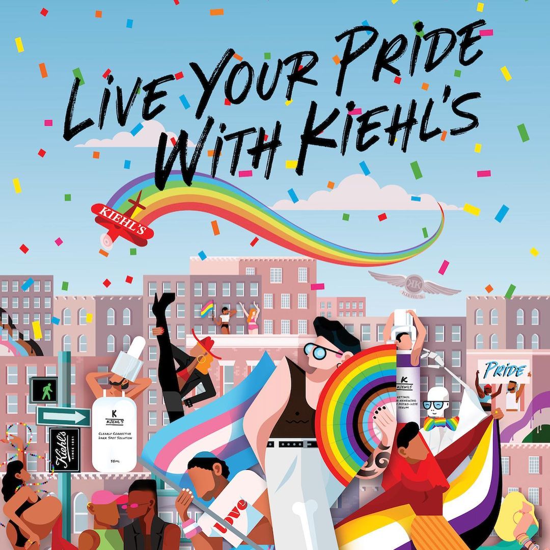 Kiehl's Pride-themed illustration featuring LGBTQIA+ people holding flags and a plane with a rainbow trail over city buildings.