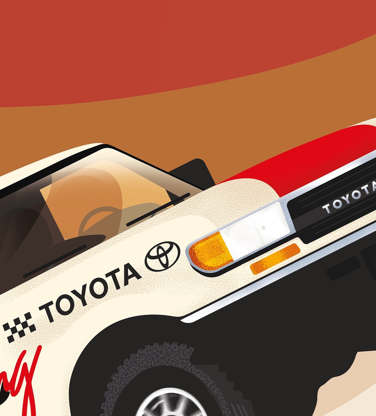 Illustration of a vintage white Toyota rally car with red and black accents, showcasing automotive design and retro racing aesthetics.