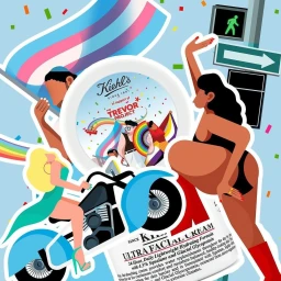 Digital illustration by Josh Mckenna featuring stylized figures, pride flags, and Kiehl's product packaging against a blue confetti background