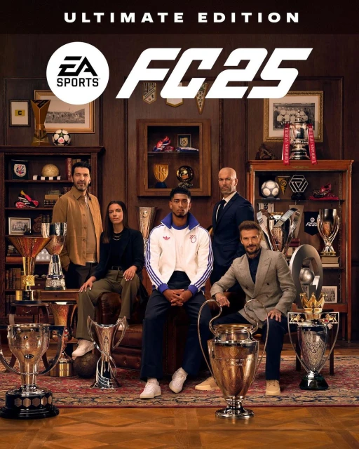 Promotional image for EA Sports FC 25 Ultimate Edition featuring a group of five people surrounded by sports trophies and memorabilia.