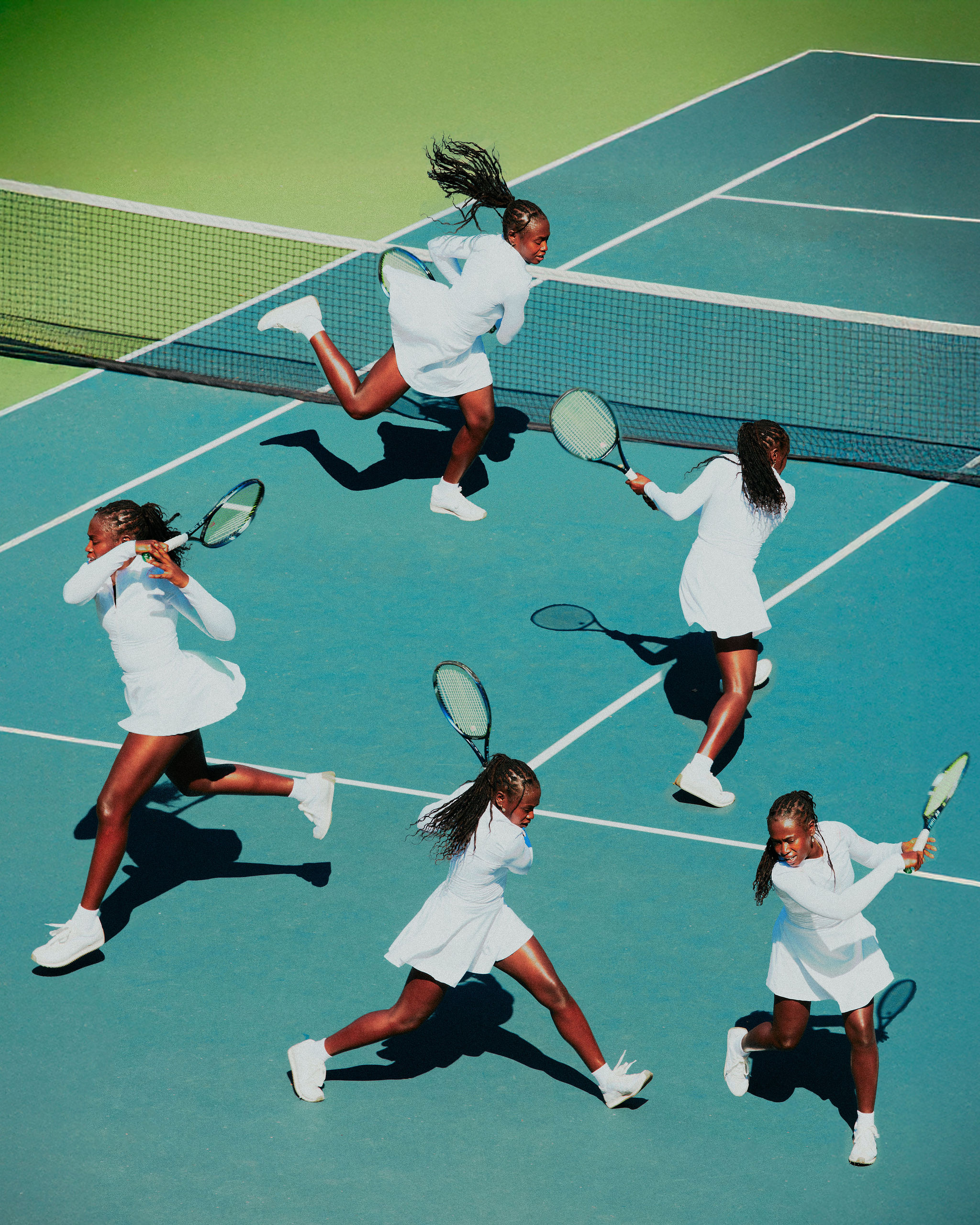 Multiple images of a young Black woman playing tennis on a blue and green court, wearing a white tennis outfit and sneakers.