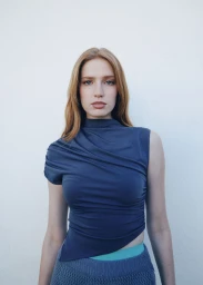 Portrait of a red-haired woman wearing a blue asymmetrical top and textured skirt against a plain white wall.