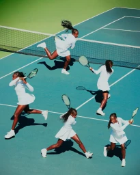 Composite sequence of a young Black female tennis player in an all-white outfit swinging a racket across a blue tennis court.