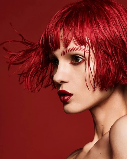 Close-up portrait of a fair-skinned adult female model with short red hair, dark red lipstick, and minimalist red face makeup on a red background.