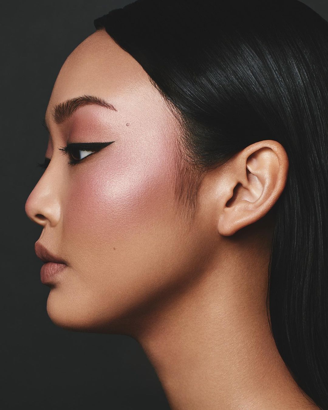 Side profile of a beautiful Asian woman with black hair and soft, glamorous makeup, set against a dark gray background in a beauty portrait.