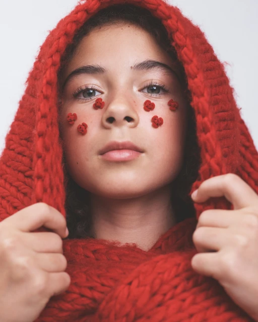 Portrait of a young child wearing a chunky red knit hood, looking directly at the camera with red floral appliqués on the cheeks.