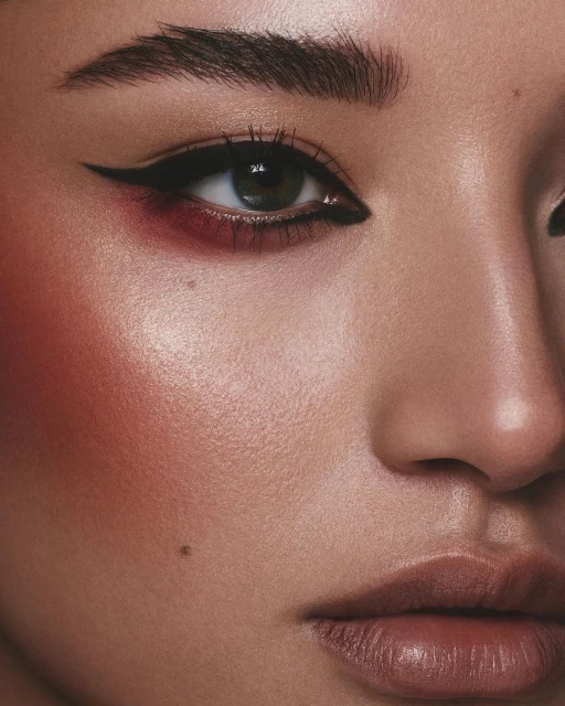 Close-up portrait of an adult female with dramatic black eyeliner and red eye shadow, fair skin, and shiny lips.