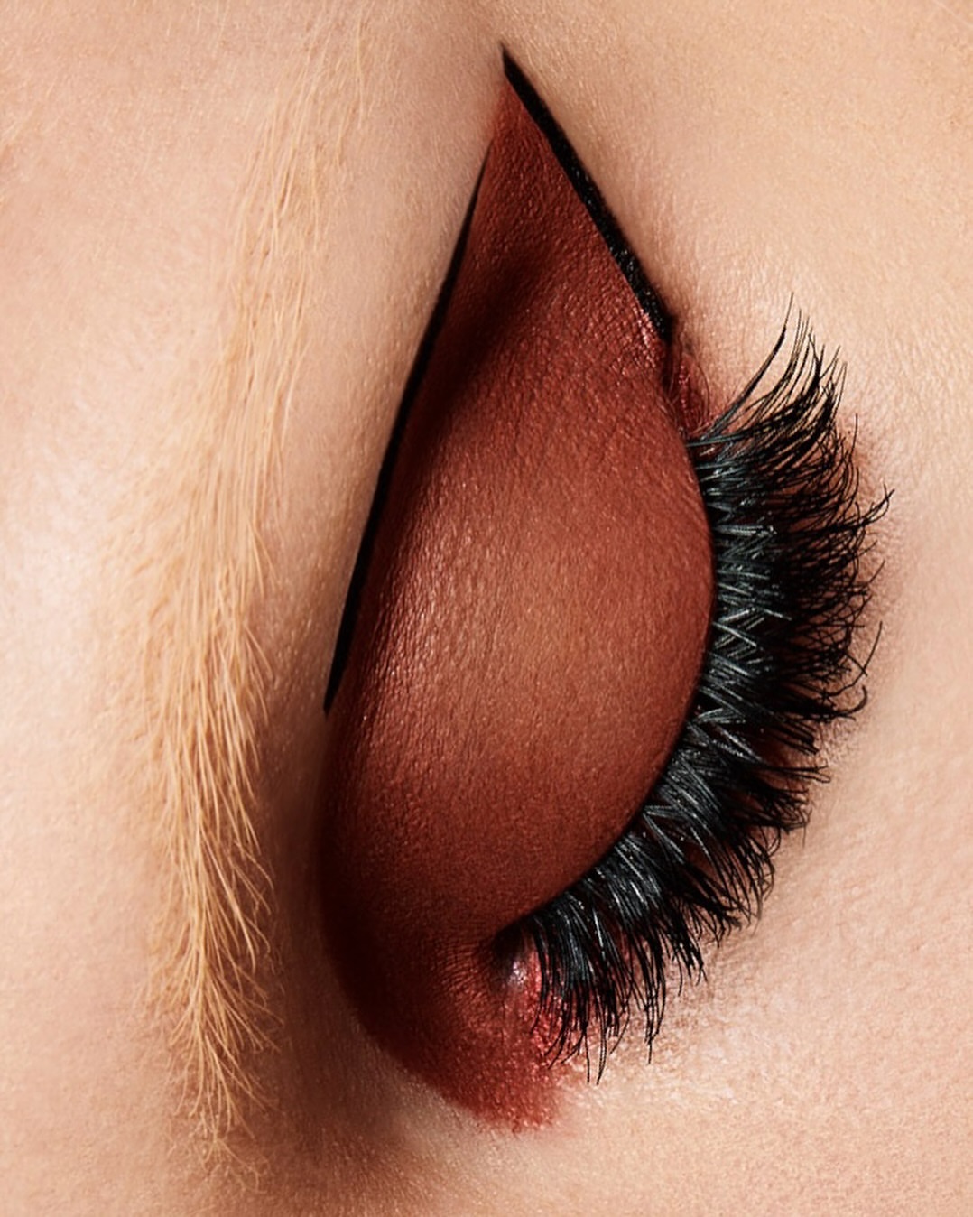 Close-up studio shot of an adult female face with brown makeup on eyelid and long black eyelashes, skin details, and blonde eyebrow.